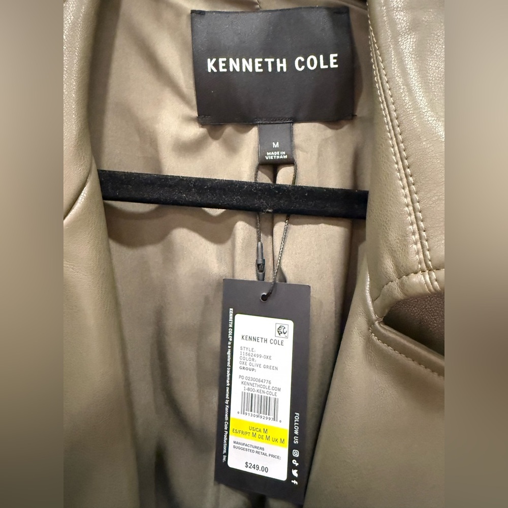 NWT Kenneth Cole Faux Leather Trench Coat Belted Long Jacket Olive Green M - Picture 4 of 4